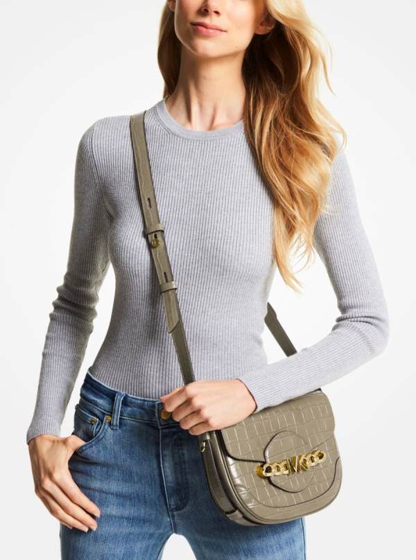 Damske Spojková Taška Michael Kors Hally Medium Crocodile Embossed Leather Olivovo Zelená - Kabelky Michael Kors Levně | SADTR-8726
